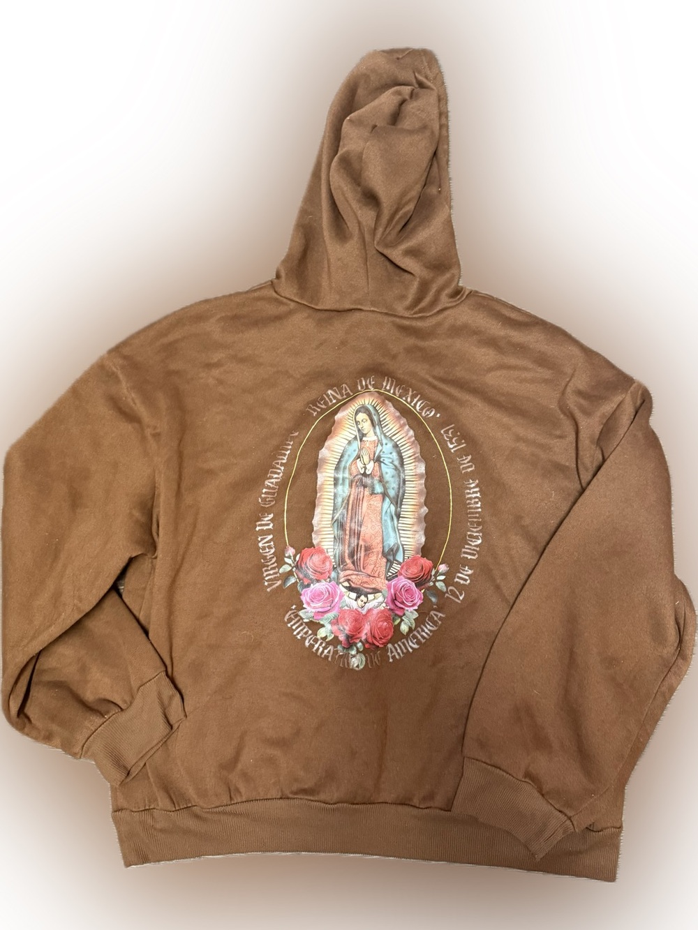 Men's Brown Hooded Pullover Sweatshirt w/Mother of Guadalupe on back | Sz XL